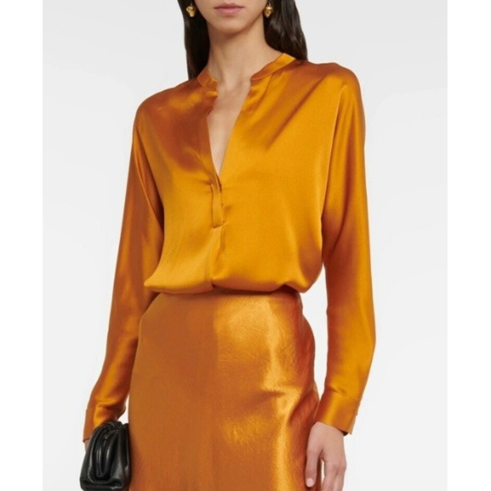 NWT Vince 100% Silk Blouse Womens XS Gold Satin Long Sleeve Luxury Minimalist